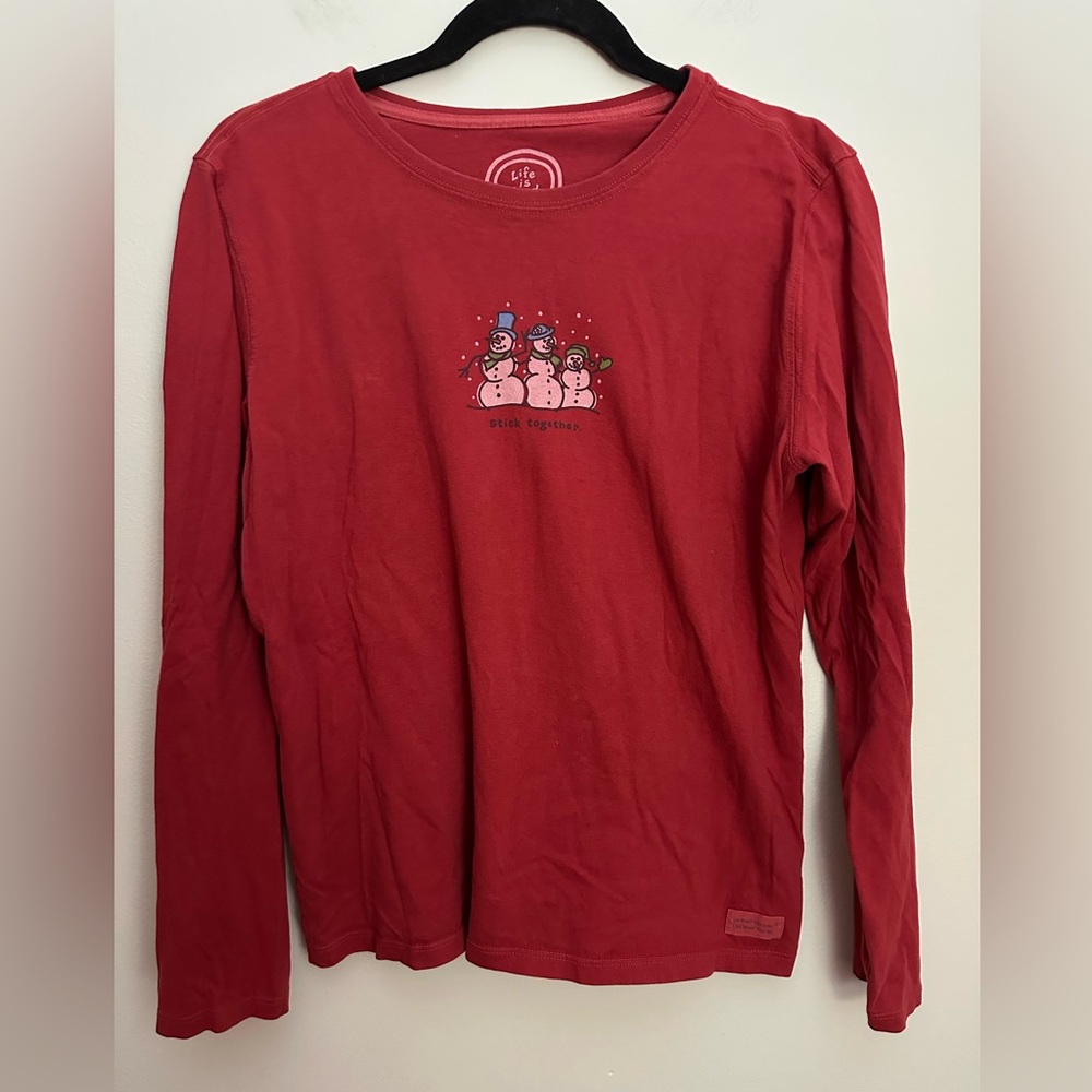 Life Is Good Snowman Long Sleeve Tee Medium Red EUC